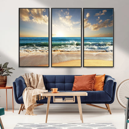 13139-MGV-CV-36X24-Sunrise Beach Wall Art – Ocean Waves and Golden Sand Canvas Print, Coastal Home Decor for Living Room, Bedroom, or Office