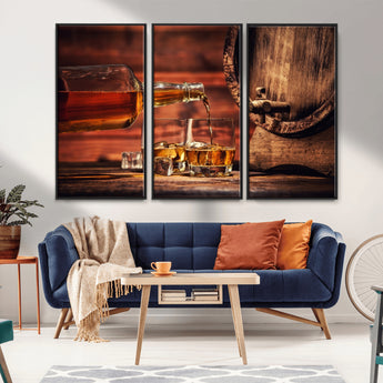 52458-MGV-FC-48X32-3P_Black-Whiskey Pour Wall Art – Elegant Whiskey Bottle Pouring into Glasses Canvas Print, Refined Bar or Lounge Decor for Home, Office, or