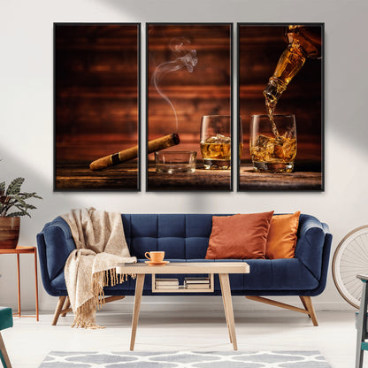 91042-MGV-CV-36X24-Whiskey & Cigar Wall Art – Elegant Whiskey Pour and Smoldering Cigar Canvas Print, Sophisticated Bar or Lounge Decor for Home,