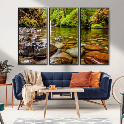 98096-MGV-CV-36X24-Serene River Waterfall Nature Photo – Calm Clear Water, Vibrant Green Forest and Smooth Stones Landscape Wall Art for Home or