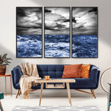 36012-MGV-FC-48X32-3P_Black-Dramatic Stormy Ocean Waves Black and White with Deep Blue Highlights – Moody Seascape Wall Art, Nature Photography Print for Home