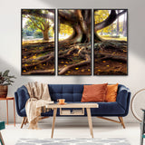 53335-MGV-CV-36X24-Majestic Tree with Sprawling Roots Wall Art – Serene Sunlit Park Scene, Nature Canvas Print, Perfect for Living Room, Office or