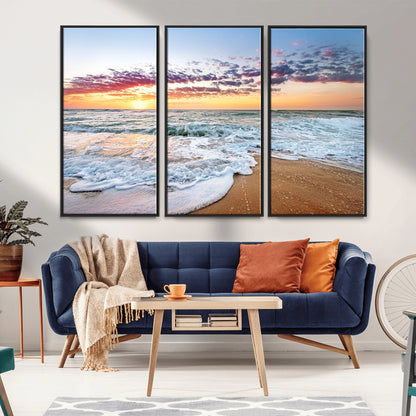39560-MGV-CV-36X24-Sunrise Beach Wall Art – Vibrant Ocean Waves and Golden Sand Canvas Print, Seaside Coastal Decor for Living Room, Bedroom or