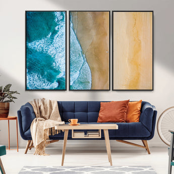 46640-MGV-CV-36X24-Aerial Beach Wall Art – Turquoise Waves and Golden Sand Canvas Print with Lone Surfer, Coastal Ocean Decor for Living Room,