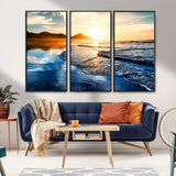 86173-MGV-CV-36X24-Golden Sunset Beach Wall Art – Reflective Ocean Canvas Print with Mountains and Waves, Coastal Nature Decor for Living Room,