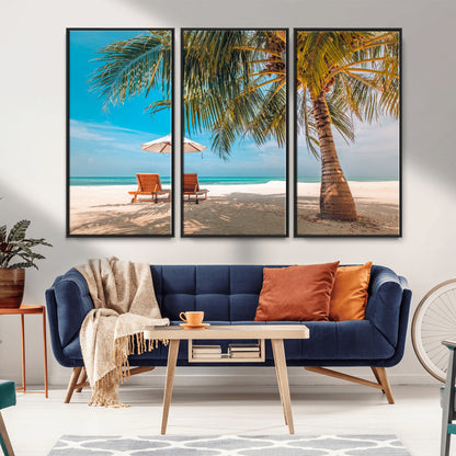 69754-MGV-CV-36X24-Tropical Beach Wall Art – Relaxing Palm Tree and Lounge Chairs Canvas Print, Serene Coastal Decor for Living Room, Bedroom, Office
