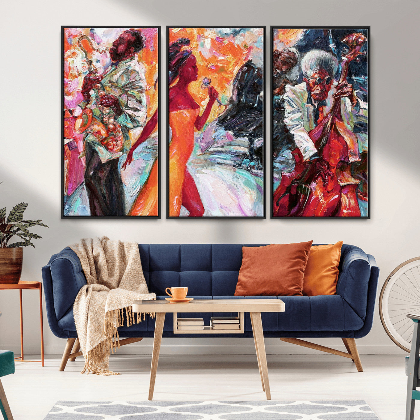 24452-MGV-CV-36X24-Vibrant Jazz Musician Painting - Expressive Art Print of Live Jazz Band, Perfect Wall Decor for Music Lovers and Art Enthusiasts