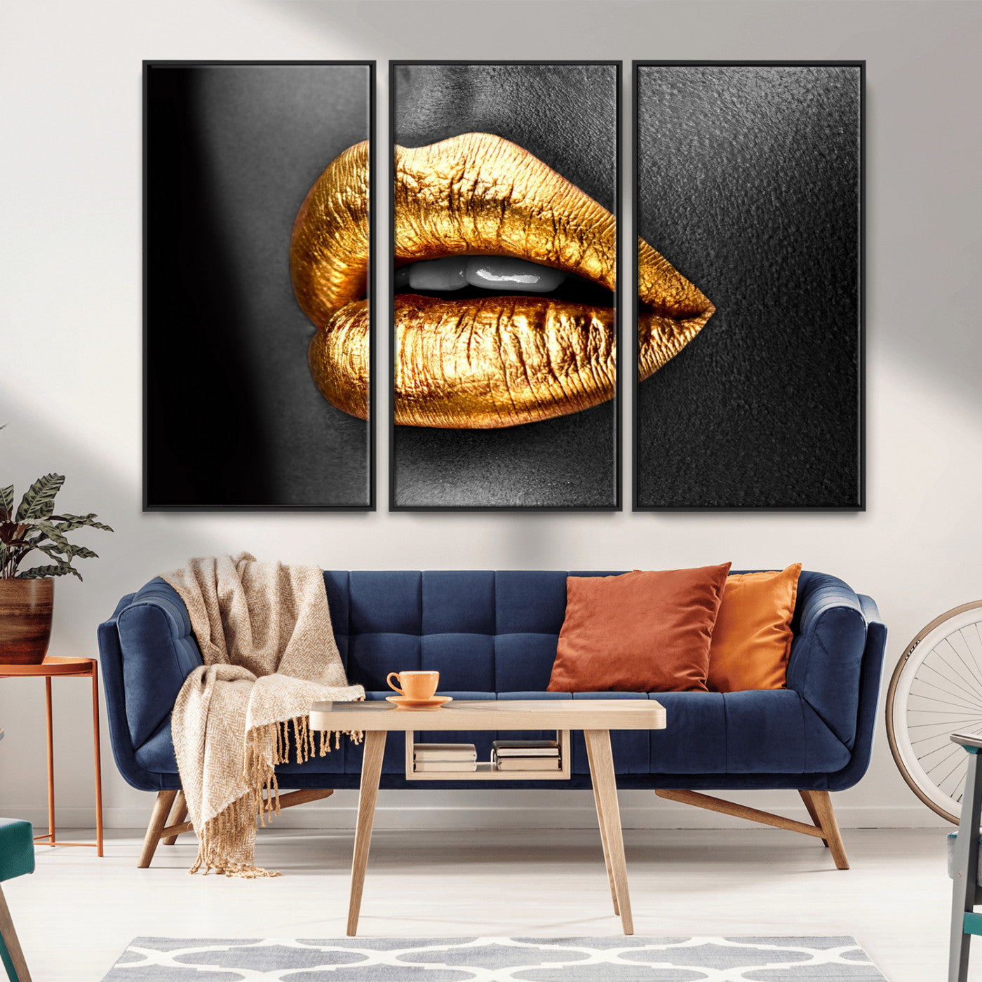 84747-MGV-CV-36X24-Golden Lips Black & White Portrait – Glamorous Metallic Lip Art Print, Modern Wall Decor for Bedroom, Beauty & Fashion Lover Gift
