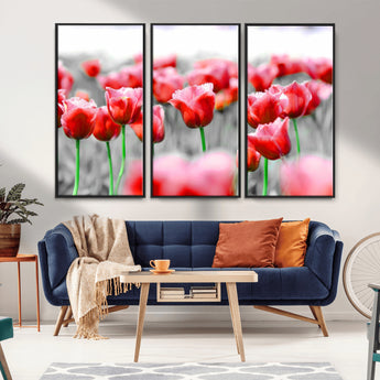 44554-MGV-CV-36X24-Vibrant red tulips stand out beautifully against a black-and-white background, making a striking decor piece perfect for any home