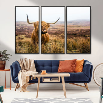 79391-MGV-CV-36X24-Majestic Highland Cow in Misty Scottish Moorland – Rustic Natural Charm, Perfect for Unique Home or Office Decor