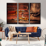 21266-MGV-CV-36X24-Pouring Whiskey into Glasses with Ice – Rustic Wooden Barrel Background, Warm Ambient Lighting, Ideal Decor for Home or Office