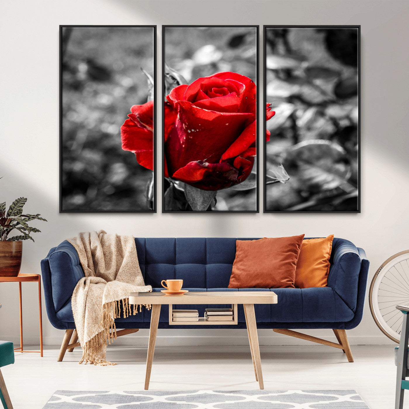 84671-MGV-CV-36X24-Red Rose Wall Art – Vibrant Single Bloom Canvas Print with Black and White Background, Elegant Floral Decor for Living Room,