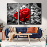 84671-MGV-CV-36X24-Red Rose Wall Art – Vibrant Single Bloom Canvas Print with Black and White Background, Elegant Floral Decor for Living Room,