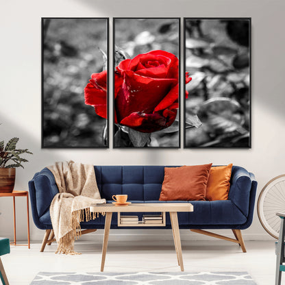 84671-MGV-CV-36X24-Red Rose Wall Art – Vibrant Single Bloom Canvas Print with Black and White Background, Elegant Floral Decor for Living Room,