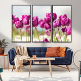 30632-MGV-CV-36X24-Purple Tulip Field Wall Art – Beautiful Spring Flowers Canvas Print with Soft Focus and Bright Sky, Ideal Floral Decor for Home or