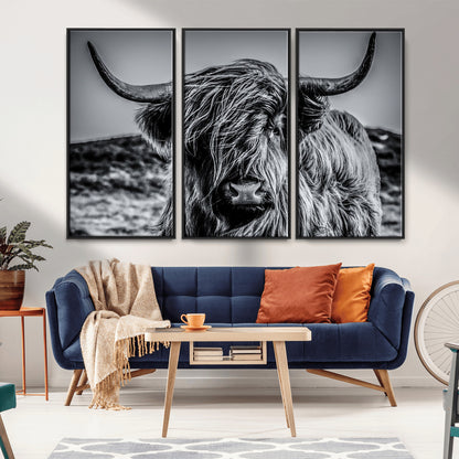 97372-MGV-CV-36X24-Elegant Highland Cow Wall Art – Black and White Canvas Print, Rustic Nature Decor for Home, Office, Living Room or Man Cave