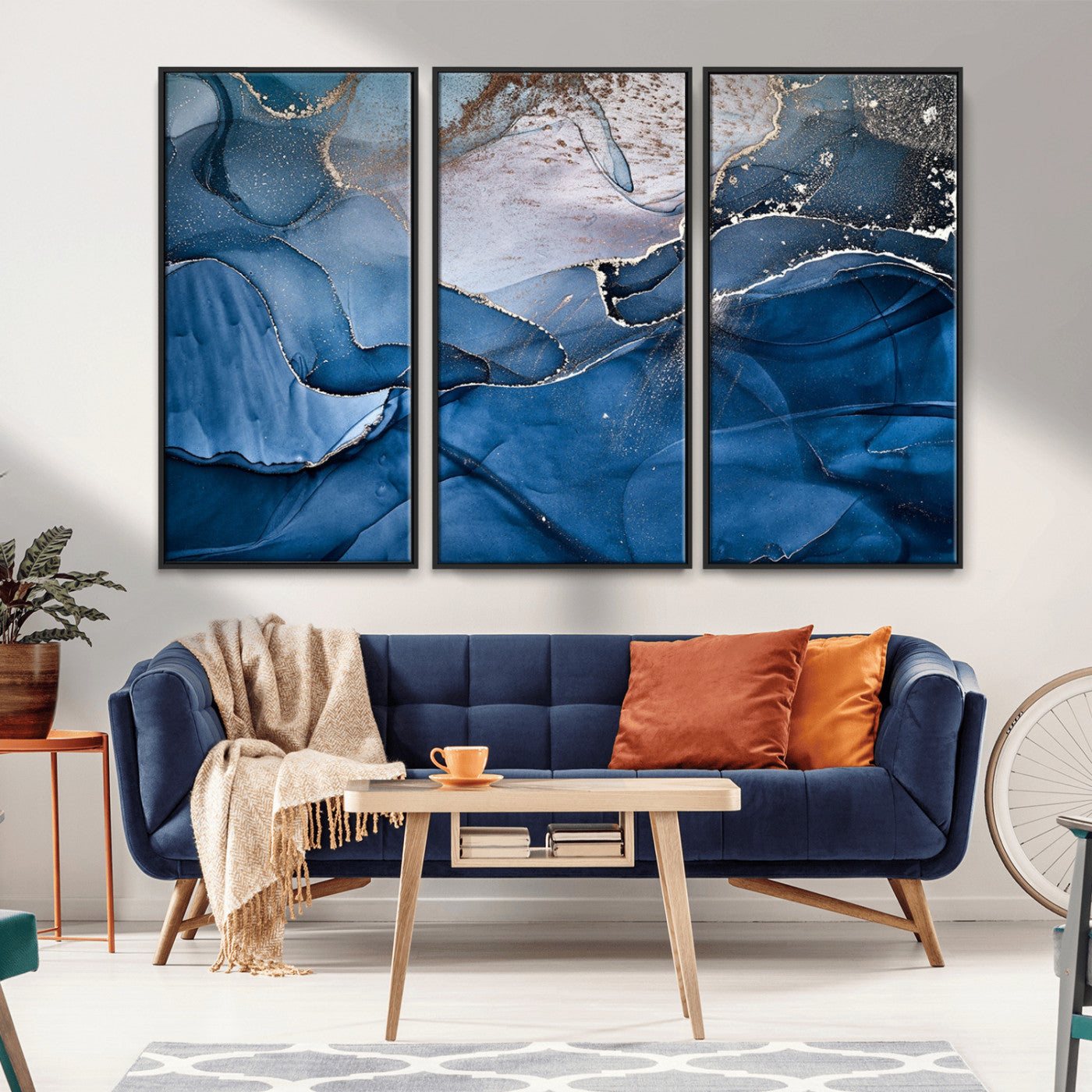 27810-MGV-CV-36X24-Abstract Blue Gold Fluid Art Wall – Modern Canvas Print, Elegant Home & Office Wall Art, Stylish Living Room or Bedroom Decor