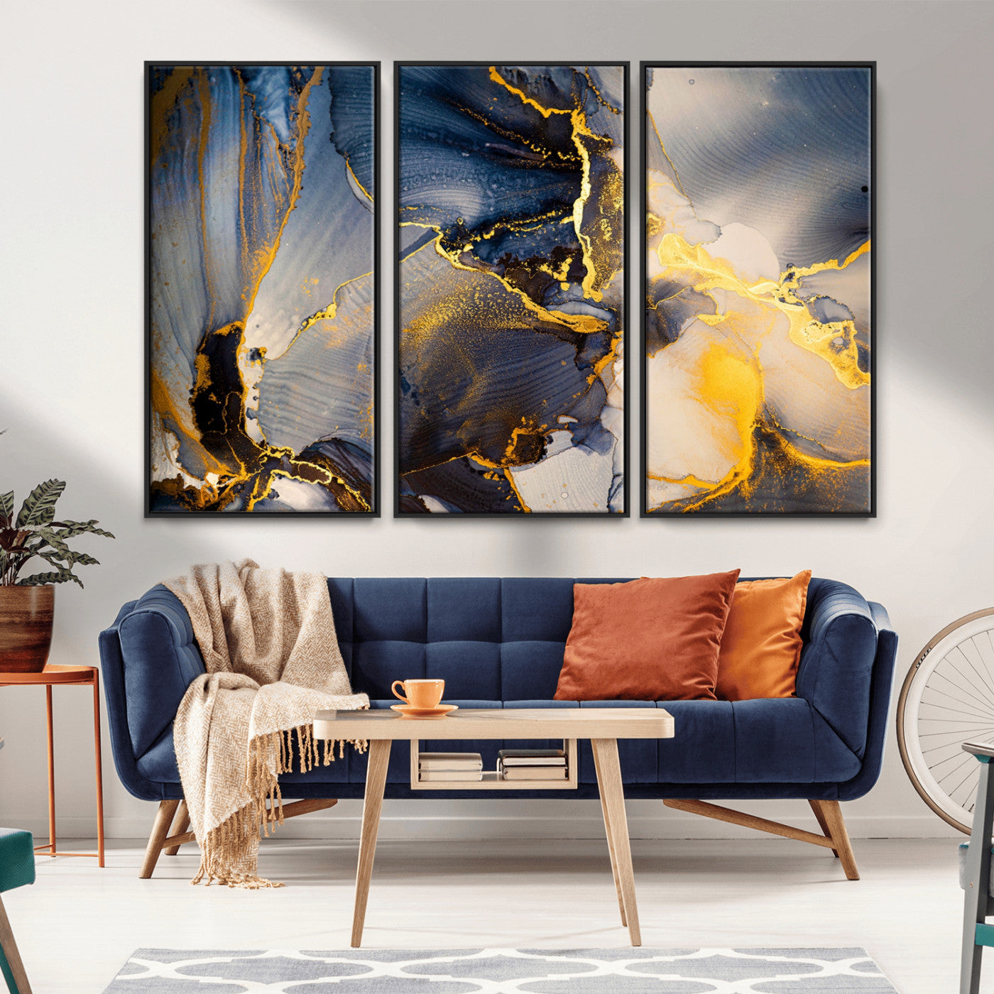 42100-MGV-CV-36X24-Golden Flow Abstract Wall Art – Panoramic Modern Blue and Gold Canvas Print, Contemporary Artistic Decor for Home, Office
