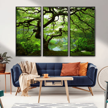 18094-MGV-FC-48X32-3P_Black-Emerald Canopy Wall Art – Panoramic Lush Green Tree Canvas Print, Serene Nature Decor for Office, Living Room or Meditation Space