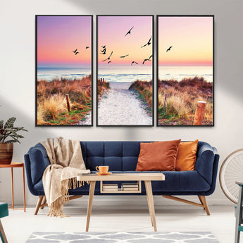54411-MGV-FC-48X32-3P_Black-Beach Path with Birds Wall Art – Coastal Sunset Ocean Canvas Print, Seaside Nature Landscape Photography for Living Room, Bedroom