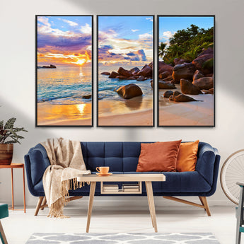 43209-MGV-FC-48X32-3P_Black-Tropical Beach Sunset Wall Art – Golden Ocean Waves and Palm Trees with Rocky Shore Canvas Print, Coastal Seascape Decor for