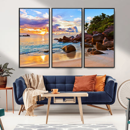 43209-MGV-FC-48X32-3P_Black-Tropical Beach Sunset Wall Art – Golden Ocean Waves and Palm Trees with Rocky Shore Canvas Print, Coastal Seascape Decor for