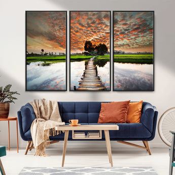 29105-MGV-FC-48X32-3P_Black-Rustic Wooden Bridge Wall Art – Scenic Sunset Over Rice Fields and Reflective Water Canvas Print, Nature Landscape Decor for