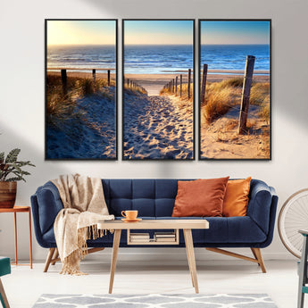 31889-MGV-FC-48X32-3P_Black-Sandy Beach Pathway Wall Art – Coastal Dune Fence and Ocean View Canvas Print, Relaxing Seaside Landscape Decor for Living Room or