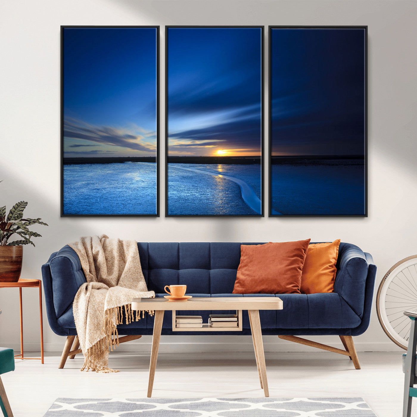 65405-MGV-FC-48X32-3P_Black-Blue Sunrise Seascape Wall Art – Tranquil Ocean Horizon Canvas Print with Golden Sunlight and Deep Sky, Coastal Landscape Decor