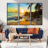 26181-MGV-FC-48X32-3P_Black-Golden Tropical Sunset Beach Wall Art – Ocean Canvas Print with Palm Trees and Rocks, Coastal Paradise Decor for Living Room or