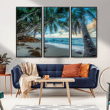 39679-MGV-FC-48X32-3P_Black-Tropical Palm Beach Wall Art – Serene Ocean Canvas Print with Palm Trees and Rocks, Coastal Paradise Decor for Living Room or