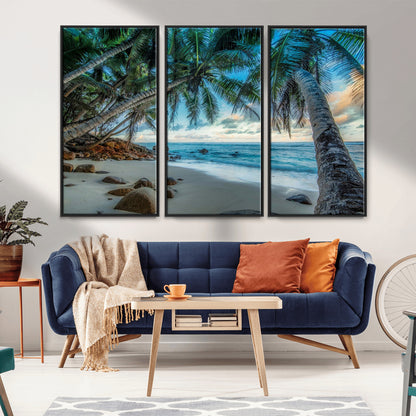 39679-MGV-FC-48X32-3P_Black-Tropical Palm Beach Wall Art – Serene Ocean Canvas Print with Palm Trees and Rocks, Coastal Paradise Decor for Living Room or