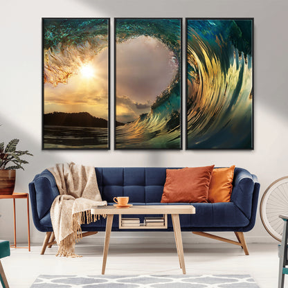 38256-MGV-FC-48X32-3P_Black-Ocean Wave Wall Art – Stunning Sunrise Through Curling Wave Canvas Print, Coastal Surf Photography Seascape Decor for Living Room,