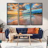 41572-MGV-FC-48X32-3P_Black-Sunset Beach Wall Art – Ocean Waves and Palm Trees Canvas Print, Tropical Coastal Sunset Seascape Decor for Living Room, Bedroom