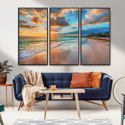 41572-MGV-FC-48X32-3P_Black-Sunset Beach Wall Art – Ocean Waves and Palm Trees Canvas Print, Tropical Coastal Sunset Seascape Decor for Living Room, Bedroom