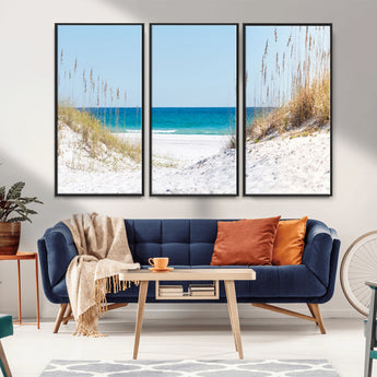 58498-MGV-FC-48X32-3P_Black-White Sandy Beach Wall Art – Panoramic Coastal Canvas Print, Ocean View Decor for Living Room, Bedroom, Office, Relaxing Seaside