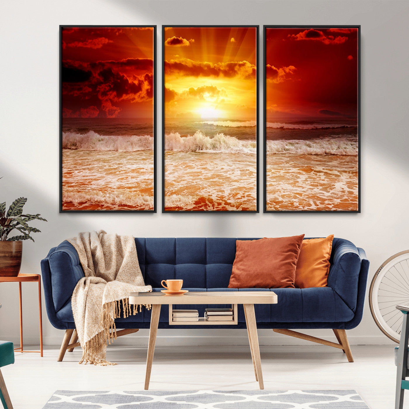 60211-MGV-FC-48X32-3P_Black-Fiery Sunset Ocean Wall Art – Red Sky Seascape Canvas Print with Waves, Bold Coastal Sunset Decor for Living Room or Bedroom
