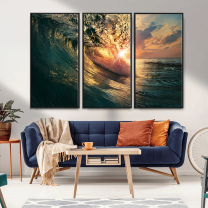 55359-MGV-FC-48X32-3P_Black-Radiant Ocean Wave Wall Art – Panoramic Surf Canvas Print, Vibrant Sunset Beach Decor for Home, Office or Man Cave