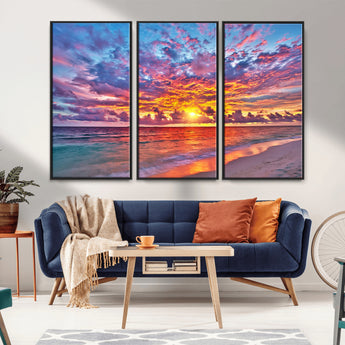 72836-MGV-FC-48X32-3P_Black-Fiery Sunset Beach Wall Art – Panoramic Vibrant Ocean Canvas Print, Dramatic Coastal Decor for Living Room, Bedroom or Office