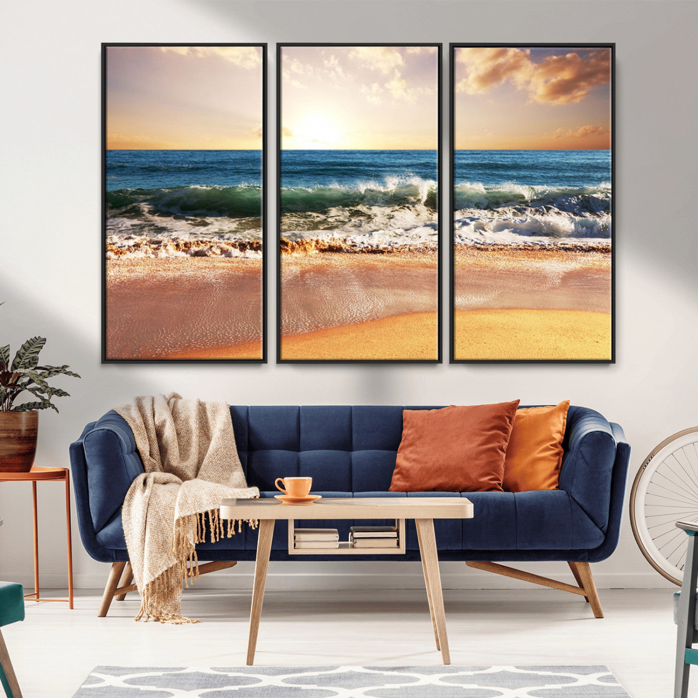 79005-MGV-FC-48X32-3P_Black-Golden Sunrise Ocean Waves Wall Art – Panoramic Seashore Canvas Print, Calming Coastal Decor for Home, Office or Relaxation Space