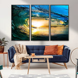 19378-MGV-FC-48X32-3P_Black-Ocean Wave Sunset Wall Art – Vibrant Surf and Golden Horizon Canvas Print, Coastal Seascape Photography for Living Room, Bedroom,