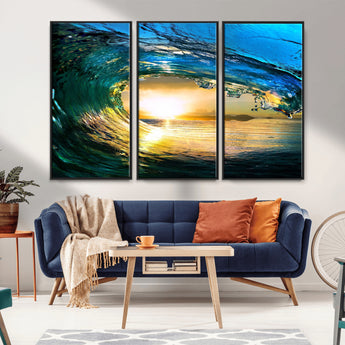 19378-MGV-FC-48X32-3P_Black-Ocean Wave Sunset Wall Art – Vibrant Surf and Golden Horizon Canvas Print, Coastal Seascape Photography for Living Room, Bedroom,