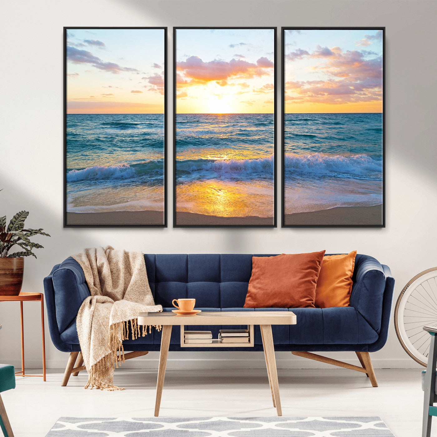 78006-MGV-FC-48X32-3P_Black-Golden Sunrise Ocean Wall Art – Panoramic Beach Waves Canvas Print, Coastal Seascape Artwork for Living Room, Bedroom, Office, or
