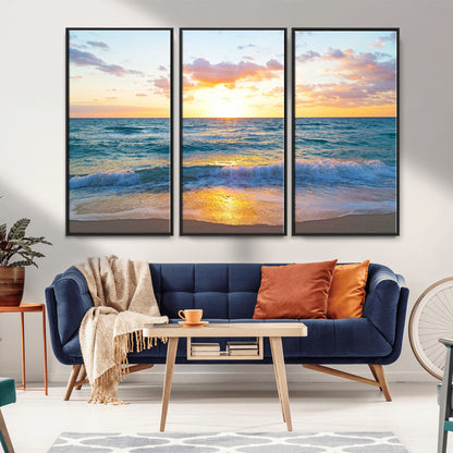 78006-MGV-FC-48X32-3P_Black-Golden Sunrise Ocean Wall Art – Panoramic Beach Waves Canvas Print, Coastal Seascape Artwork for Living Room, Bedroom, Office, or