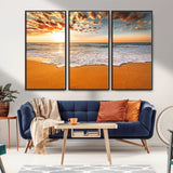 15399-MGV-FC-48X32-3P_Black-Golden Sunrise Beach Wall Art – Ocean Waves on Sandy Shore Canvas Print, Coastal Seascape Decor for Living Room or Bedroom