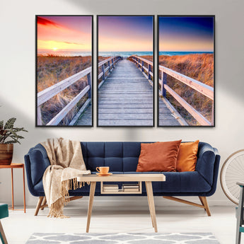 60625-MGV-FC-48X32-3P_Black-Beach Boardwalk Sunrise Wall Art – Coastal Pathway to Ocean Canvas Print, Seaside Landscape Decor for Home or Office