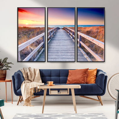 60625-MGV-FC-48X32-3P_Black-Beach Boardwalk Sunrise Wall Art – Coastal Pathway to Ocean Canvas Print, Seaside Landscape Decor for Home or Office