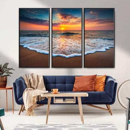 16110-MGV-FC-48X32-3P_Black-Ocean Sunset Wall Art – Vibrant Beach Waves and Horizon Canvas Print, Relaxing Coastal Seascape Decor for Living Room or Bedroom
