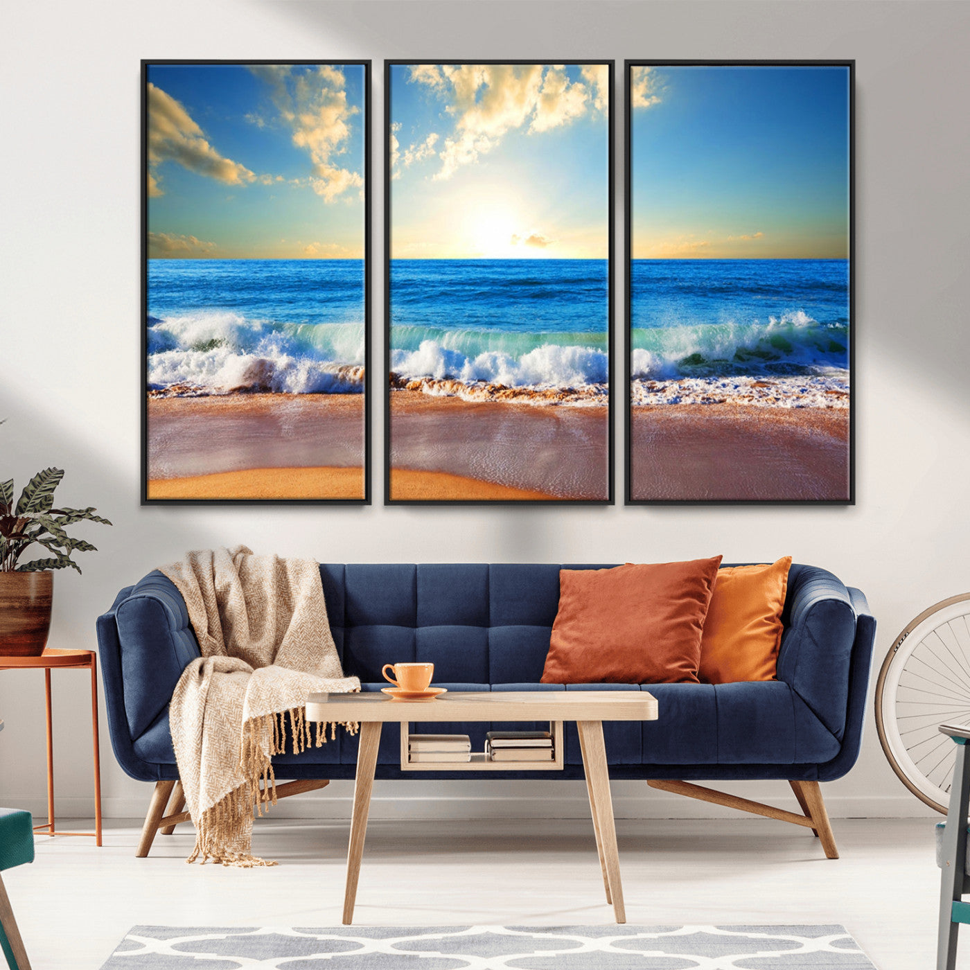 50522-MGV-FC-48X32-3P_Black-Ocean Sunrise Wall Art – Peaceful Beach Waves and Golden Horizon Canvas Print, Coastal Seascape Decor for Home or Office