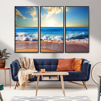 50522-MGV-FC-48X32-3P_Black-Ocean Sunrise Wall Art – Peaceful Beach Waves and Golden Horizon Canvas Print, Coastal Seascape Decor for Home or Office